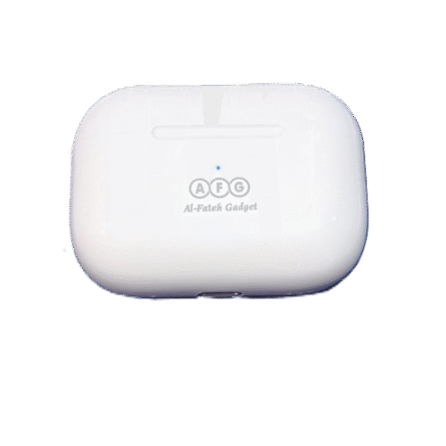 White AirPods Pro 2 with silicone ear tips placed next to a white charging case on a minimal background
